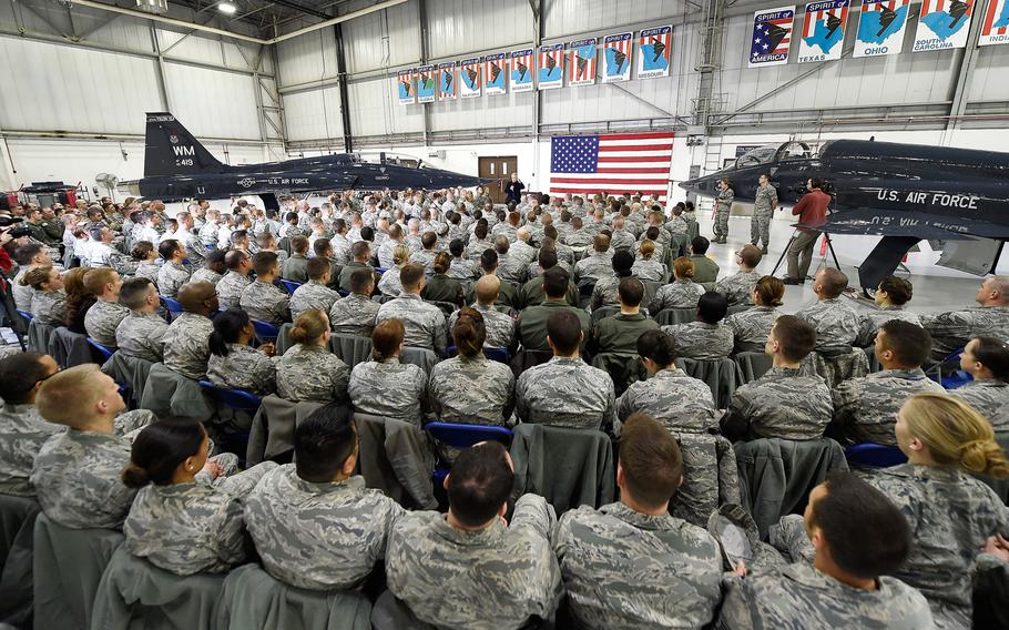 Defense Secretary Chuck Hagel speaks to servicemembers during a visit to Whiteman Air Force Base in Knob Noster, Mo., on Tuesday, Jan. 13, 2015.