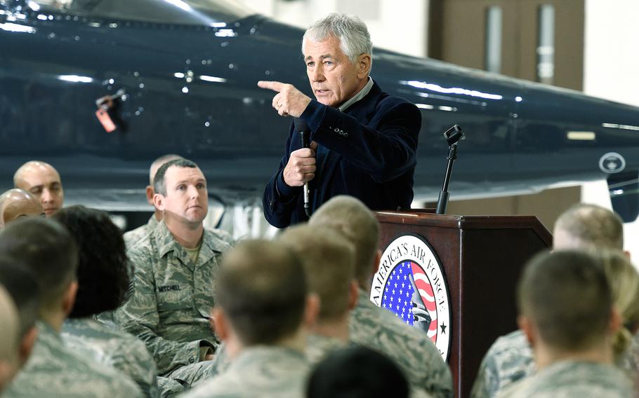 Defense Secretary Chuck Hagel speaks to servicemembers during a visit to Whiteman Air Force Base in Knob Noster, Mo., on Tuesday, Jan. 13, 2015.