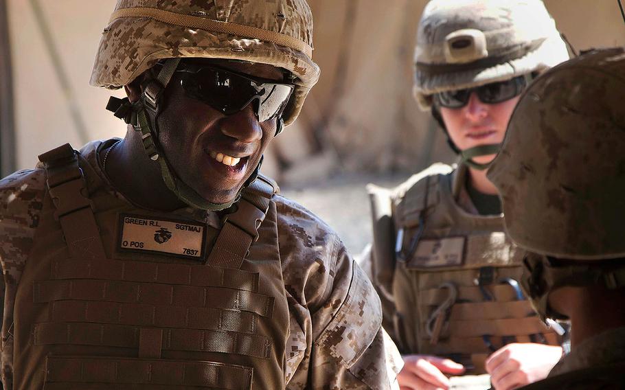 Sgt. Maj. Ronald L. Green speaks with Marines participating in Exercise Desert Scimitar at Marine Corps Air Ground Combat Center Twentynine Palms, Calif., on May 3, 2013. Officials announced Tuesday, Jan. 20, 2015, that Green will be the next sergeant major of the Marine Corps.