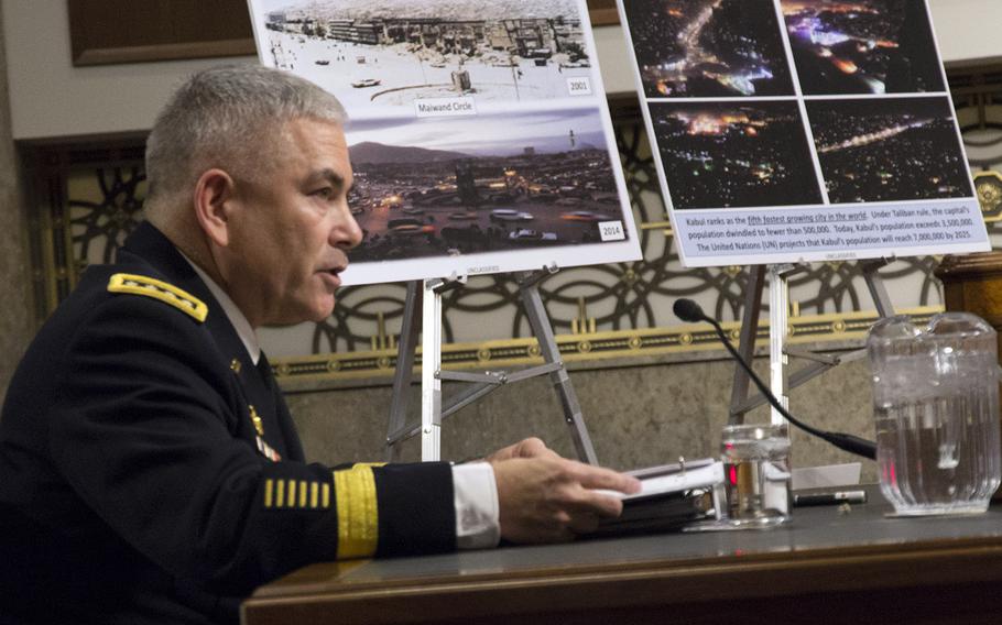 Gen. John F. Campbell, Commander, U.S. Forces-Afghanistan, speaks during a Senate Armed Forces Committee hearing in Washington, D.C., Feb. 12, 2015.