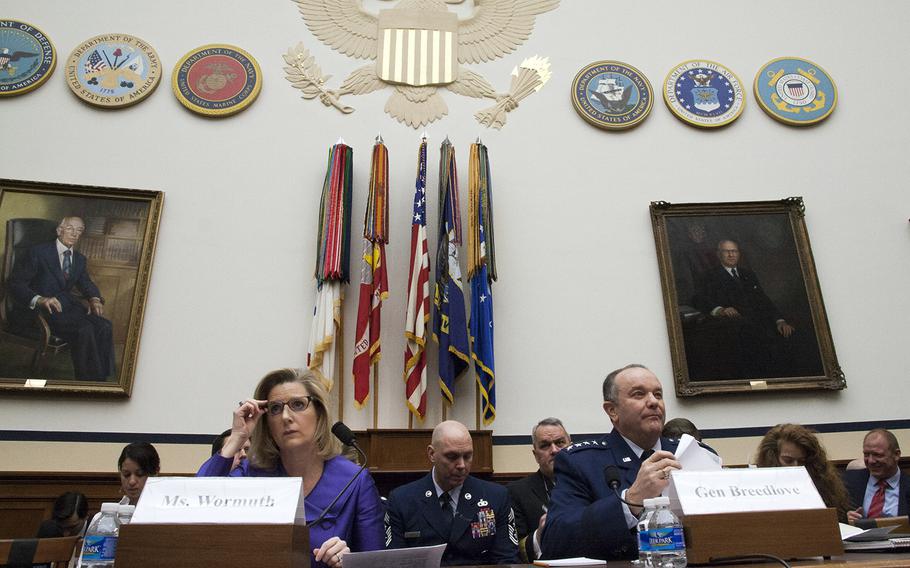 Christine Wormuth, Under Secretary of Defense for Policy, and Gen. Philip Breedlove, Commander, Supreme Allied Command Europe and U.S. European Combatant Command, listen to opening statements during a House Armed Services Committee hearing in Washington, Feb. 25, 2015.
Joe Gromelski/Stars and Stripes
