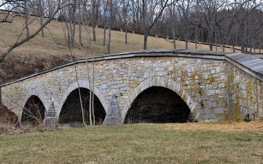 The old stone Burnside's Bridge over Antietam Creek marks the spot where Union soldiers battled Confederate forces at the Battle of Antietam. After more than three hours of bloody fighting, Union troops managed to cross the bridge defended by mostly Georgia troops who inflicted heavy casualties on the attackers.