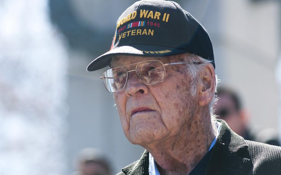 Army veteran Jim Riffe, who fought in the Battle of Okinawa, attends a wreath-laying ceremony at the World War II Memorial commemorating the 70th anniversary of the battle on April 1, 2015.