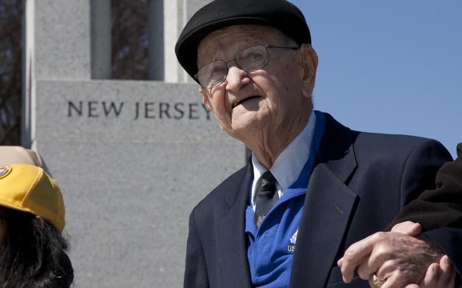 Coast Guard veteran Carroll H. George arrives at the World War II Memorial for the first time ever on April 1, 2015. George, 95, fought in the Battle of Okinawa and participated in a wreath-laying to commemorate the 70th anniversary of the battle.