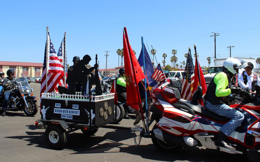 Motorcyclists with the Patriot Guard Riders came from all over Southern California to escort members of Special Purpose Marine Air Ground Task Force-Crisis Response-Central Command back to their elated families Tuesday afternoon, April 14, 2015, at Camp Pendleton, Calif. The unit was returning from a 7 1/2-month deployment to the Middle East.