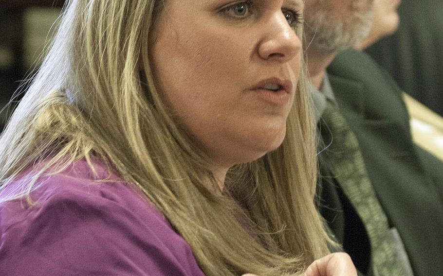 Whistleblower Kristen Ruell testifies during a House Committee on Veterans Affairs hearing on problems at VA facilities in Philadelphia and Oakland, Calif. on April 22, 2015. Behind her is Joseph Malizia, president of Local 940, American Federation of Government Employees.