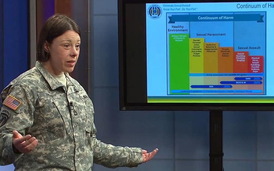 A video screen grab shows a military sexual assault response and prevention coordinator for Fort Meade, Md., giving a lecture on April 16, 2015.