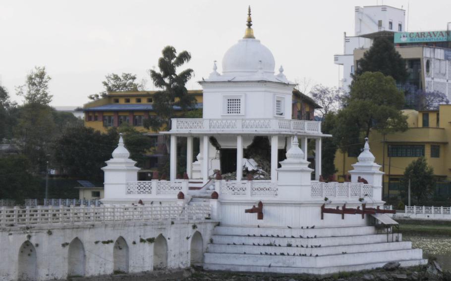 A temple in Nepal's capital, Kathmandu, that was damaged in the earthquake that hit the country on April 25, 2015.
