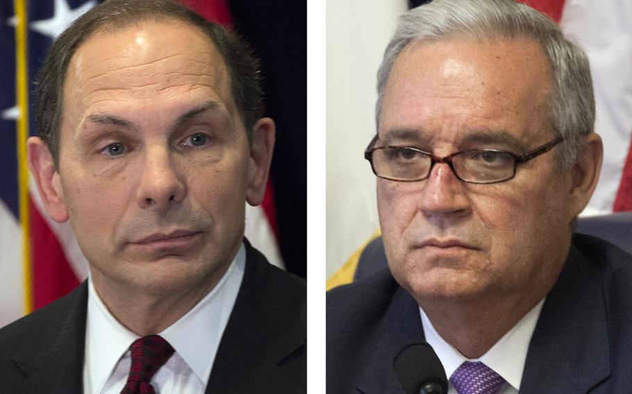 After Secretary of Veterans Affairs Bob McDonald (left) and House Committee on Veterans Affairs, Chairman Jeff Miller, R-Fla. (right).