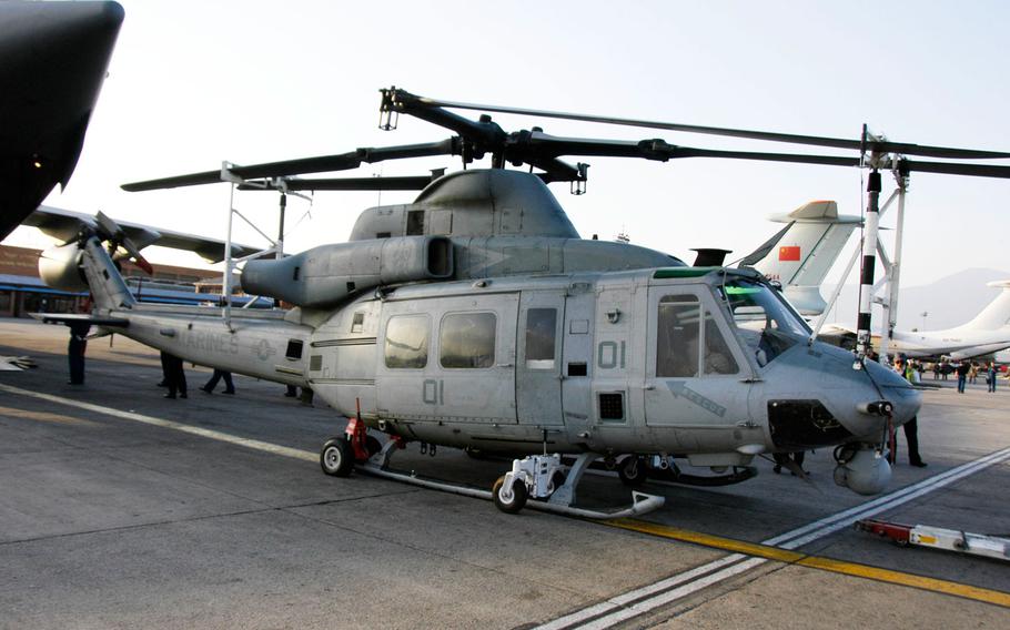 A UH-1Y Huey assigned to Marine Light Attack Helicopter Squadron 469 sits at Kathmandu's airport, shortly after it arrived in Nepal on May 3, 2015.