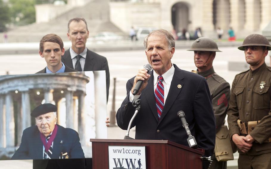 U.S. Rep. Ted Poe, R-Texas, speaks at an awareness event hosted by the World War I Centennial Commission at the Capitol in Washington, D.C., on Tuesday July 21, 2015. Next to Poe is a poster of WWI veteran Frank Buckles, who lobbied members of Congress for a memorial before he passed away in 2011 at the age of 110.