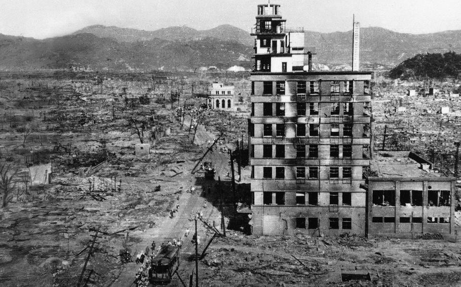 In this Aug. 8, 1945 file photo, the shell of a building stands amid acres of rubble in this view of the Japanese city of Hiroshima. 