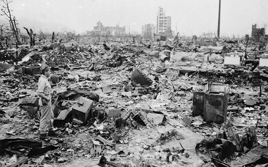 In this Sept. 8, 1945 file photo, only a handful of buildings remain standing amid the wasteland of Hiroshima, the Japanese city reduced to rubble following the first atomic bomb to be dropped in warfare. 