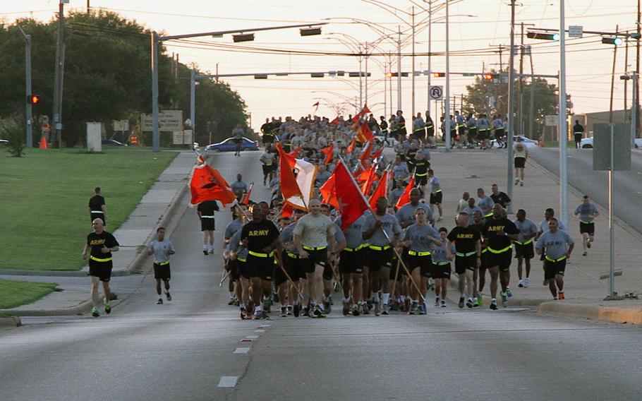 Fort Hood soldiers take part in a regimental run on June 25, 2015. Roughly 450 soldiers from Fort Hood's III Corps will deploy to Kuwait in September, the Army announced Wednesday, Aug. 5, 2015. 