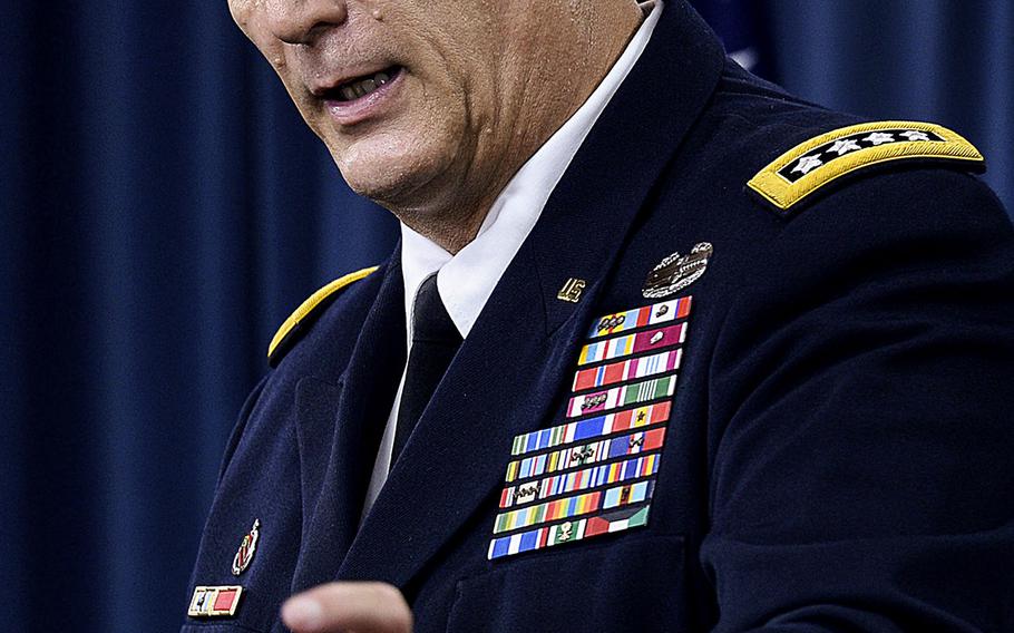 Army Chief of Staff Gen. Ray Odierno discusses the current challenges the Army faces during a briefing at the Pentagon, Aug. 12, 2015.
