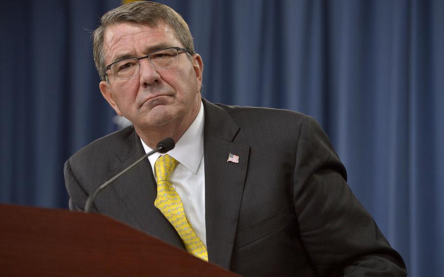 Secretary of Defense Ash Carter conducts a press briefing at the Pentagon Aug. 20, 2015.  