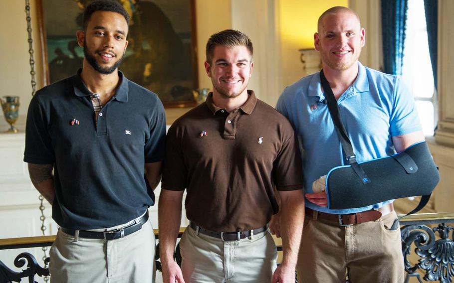 (Right to left) Airman 1st Class Spencer Stone, Army Spc. Aleksander Skarlatos and Anthony Sadler pose for a photo in Paris Aug. 23, 2015, following a foiled attack on a French train.