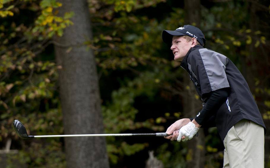 Stuttgart's Jordan Holifield watches his shot during the DODDS-Europe golf championship at Rheinblick golf course in Wiesbaden, Germany on Thursday, Oct. 8, 2015. Holifield, a junior, has won the title three years in a row.