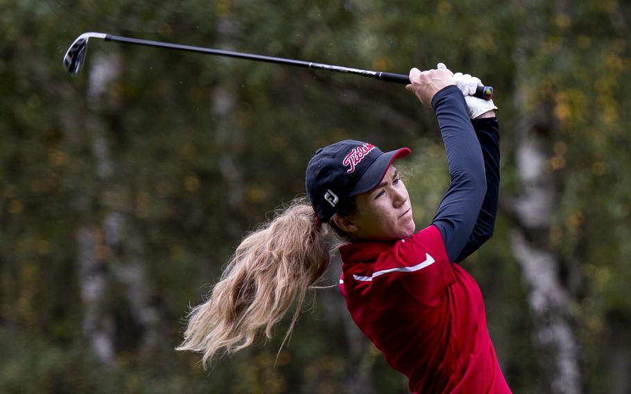 Kaiserslautern's Jasmin Acker takes an approach shot during the DODDS-Europe golf championship at Rheinblick golf course in Wiesbaden, Germany on Thursday, Oct. 8, 2015. Acker finished third place last year as a freshman, but was able to pull ahead to win the girls' division this year.