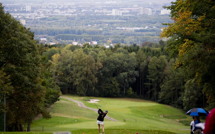 Stuttgart's Sydney Smith tees off during the DODDS-Europe golf championship at Rheinblick golf course in Wiesbaden, Germany on Wednesday, Oct. 7, 2015. The two-day tournament was the culmination of a three week regular season, and featured some of the best high school players on the continent.
