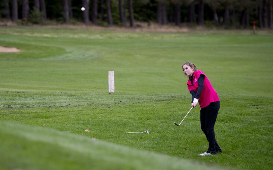 Bitburg's Leigha Daryanani chips a shot to the green during the DODDS-Europe golf championship at Rheinblick golf course in Wiesbaden, Germany on Thursday, Oct. 8, 2015. Daryanani, a sophomore, took second place in the girls' division for the second year in a row.