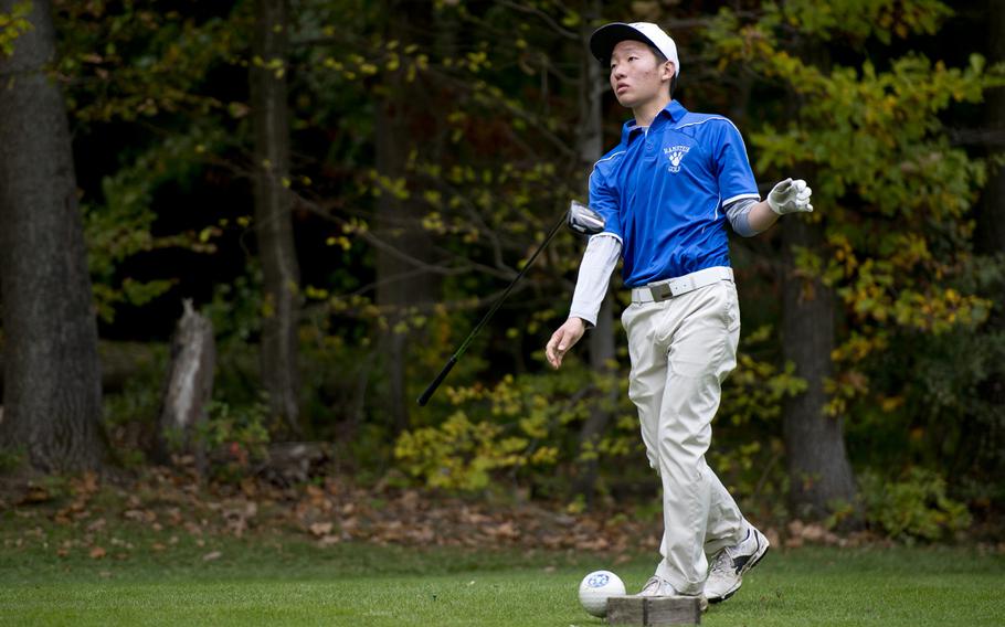 Ramstein's Noah Shin watches the ball off the tee during the DODDS-Europe golf championship at Rheinblick golf course in Wiesbaden, Germany on Thursday, Oct. 8, 2015. Shin reduced the leading scorer's advantage from 12 points to five in the first half of play, but was unable to secure the win.