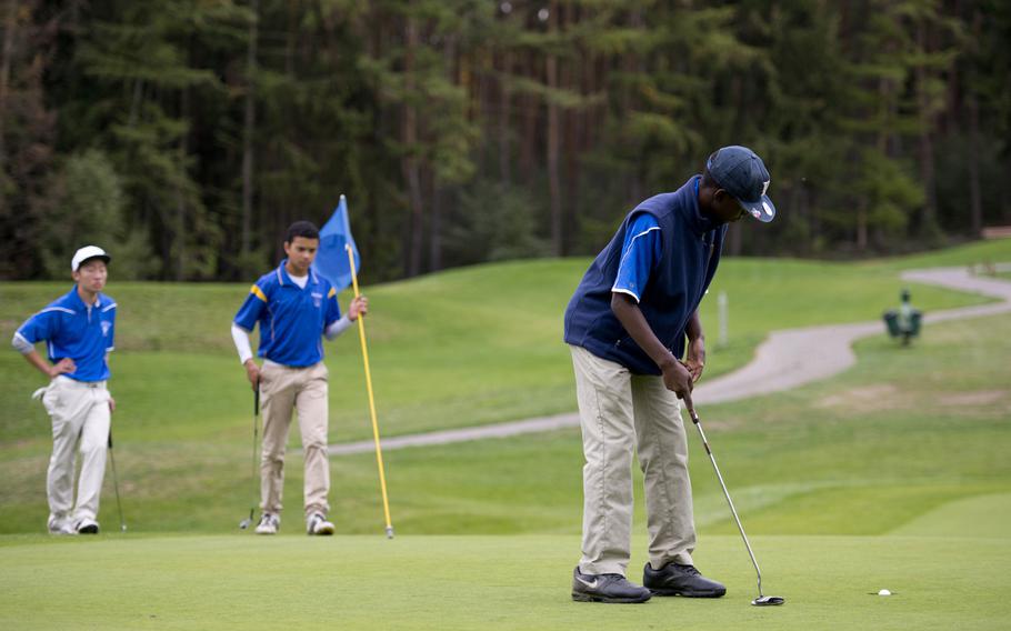 Ramstein's Josh Daffin sinks a putt during the DODDS-Europe golf championship at Rheinblick golf course in Wiesbaden, Germany on Thursday, Oct. 8, 2015. The two-day tournament was the culmination of a three-week regular season, and featured some of the best high school players on the continent.