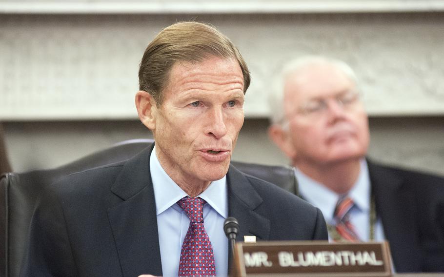 Sen. Richard Blumenthal, D-Conn., asks a question during a Senate Committee on Veterans Affairs hearing on Capitol Hill in Washington, D.C., on Wednesday, Oct. 28, 2015.