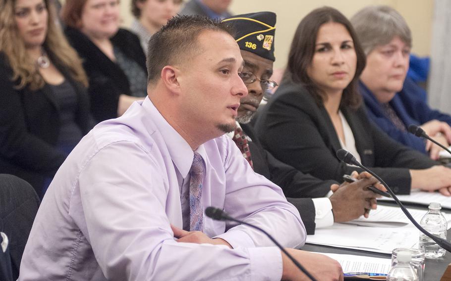 Navy veteran Dean Maiers, left, testifies during a Senate Committee on Veterans Affairs hearing on Capitol Hill in Washington, D.C., on Wednesday, Oct. 28, 2015. Maiers said if it wasn't for the  help he received from a Comprehensive Work Therapy program in Connecticut, "I would never have gotten back on track."