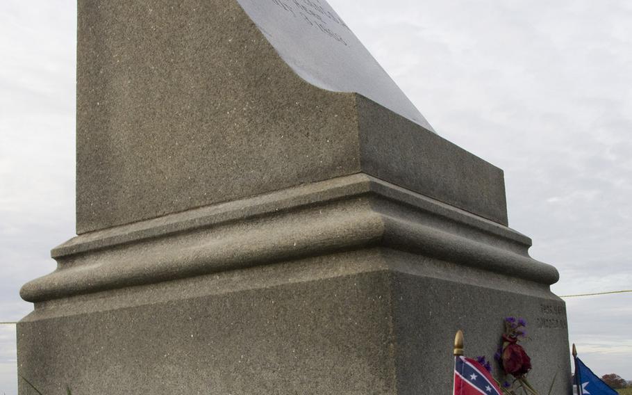A Confederate flag at the Gettysburg National Military Park monument marking the spot at The Angle where Brig. Gen. Lewis Armistead fell mortally wounded.

