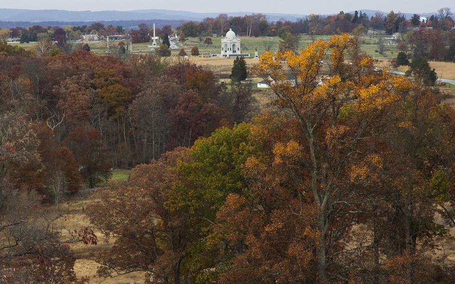 Fall foliage surrounding Little Round Top at Gettysburg National Military Park, Oct. 31, 2015.