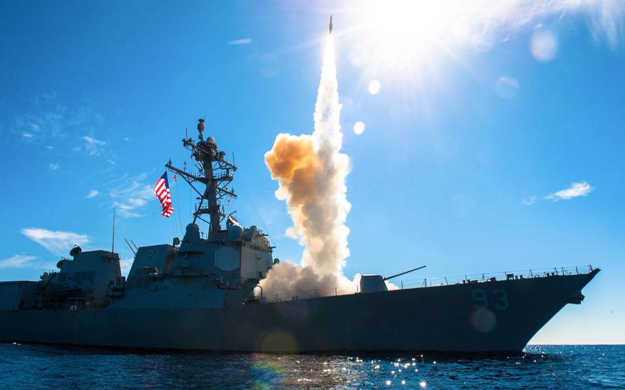 The guided-missile destroyer USS Chung-Hoon fires an SM-2 missile during a live-fire exercise Nov. 10, 2015. 