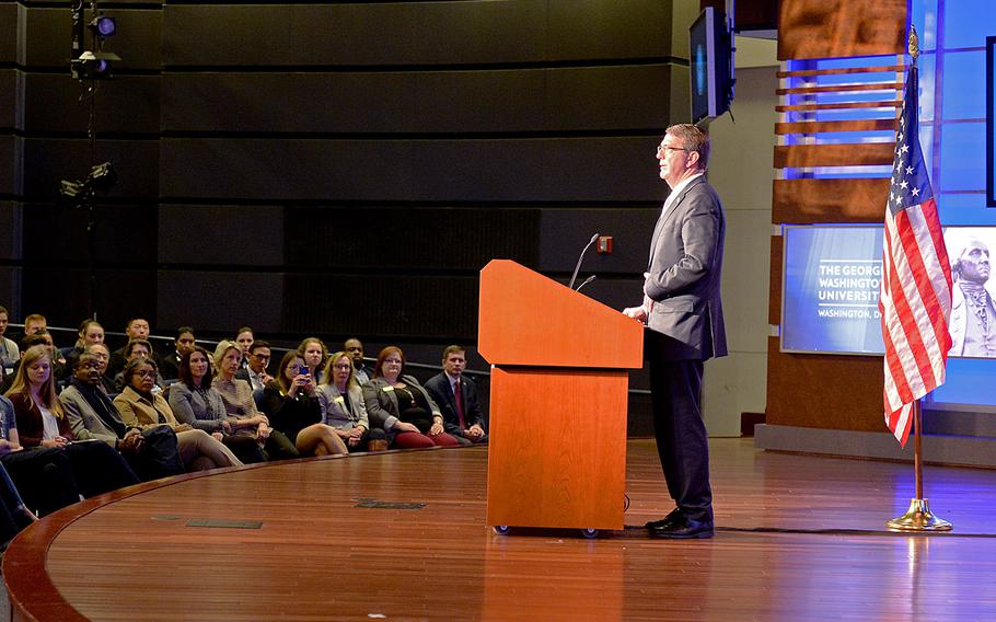 Secretary of Defense Ash Carter announces the first phase of personnel reforms in his Force of the Future initiative at George Washington University on Nov.  18, 2015.
