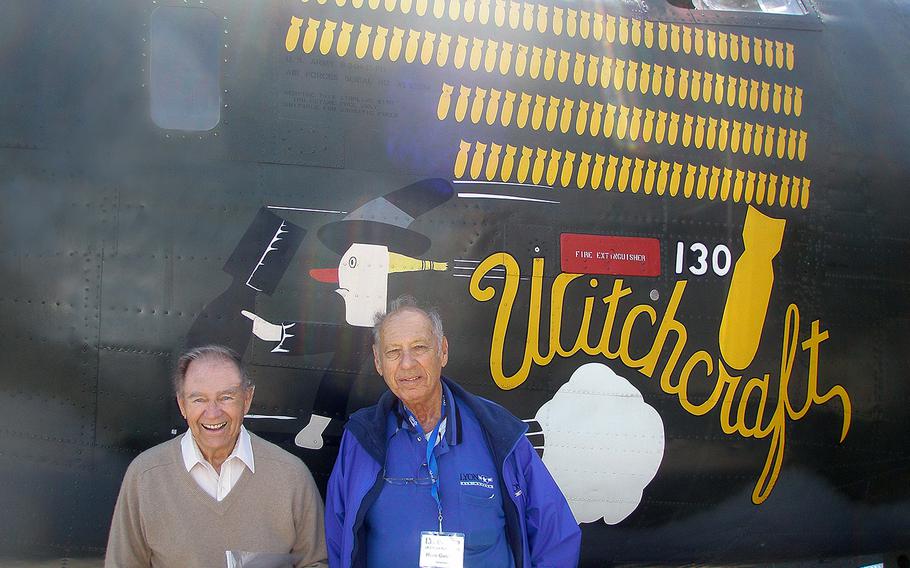 Bob Sternfels, 95, piloted "The Sandman" in the Aug. 1, 1943, Operation Tidal Wave mission to destroy Hitler's oil supply in Ploesti, Romania. Sternfels, right, is visiting the restored B-24 "Witchcraft" at Lyon Air Museum in Santa Ana, Calif., with friend Herb Guiness in May 2014. Guiness also flew missions over Ploesti. 