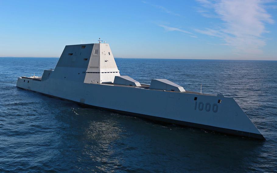 The future USS Zumwalt is underway for the first time conducting at-sea tests and trials in the Atlantic Ocean Dec. 7, 2015. 