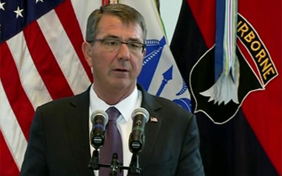 In a screen capture from a Defense Department video, Secretary of Defense Ash Carter speaks at Fort Campbell, Jan. 13, 2016.