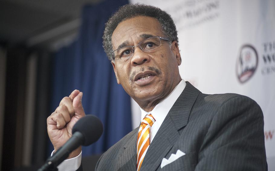 U.S. Congressman Emanuel Cleaver, D-Mo., speaks during a ceremony Tuesday, Jan. 26, 2016, at the National Press Club in Washington, D.C. Cleaver, the former mayor of Kansas City, where the WWI Liberty Memorial is located, noted that it's important to have a national WWI memorial in the nation's capital.