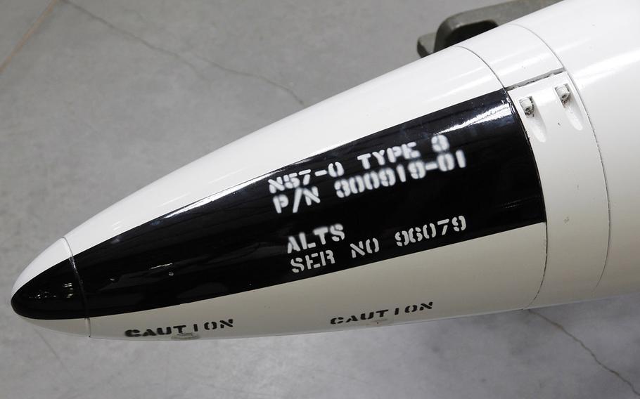 The markings on this B57 nuclear bomb at the Pima Air and Space Museum in Tucson, Arizona, are simple and ominous.