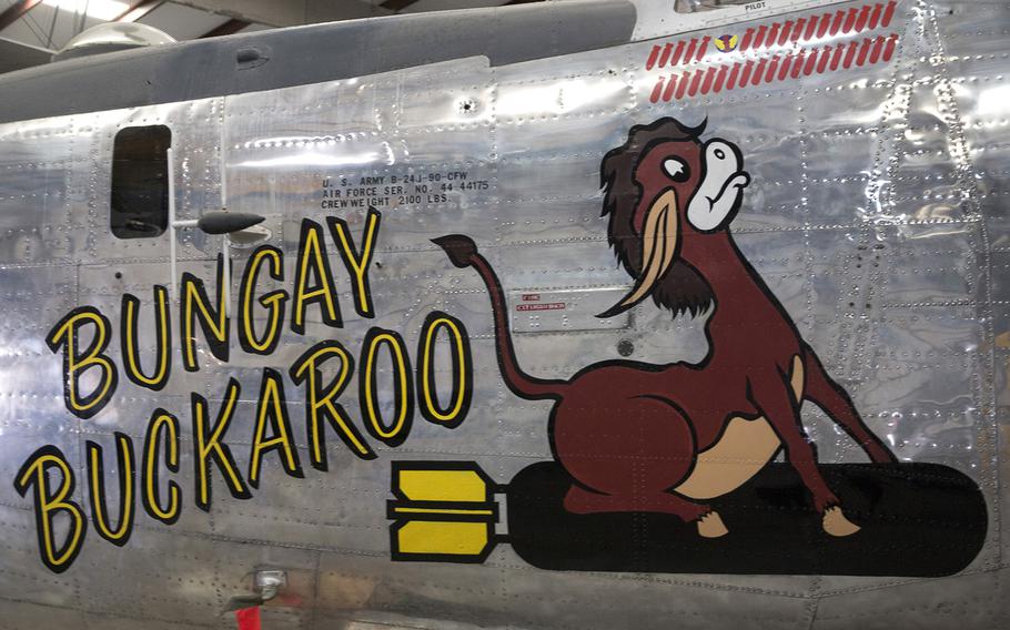 Aircraft art on a Consolidated B-24J Liberator at the Pima Air and Space Museum in Tucson, Arizona. After World War II, this plane was turned over to the Indian Air Force by Great Britain.