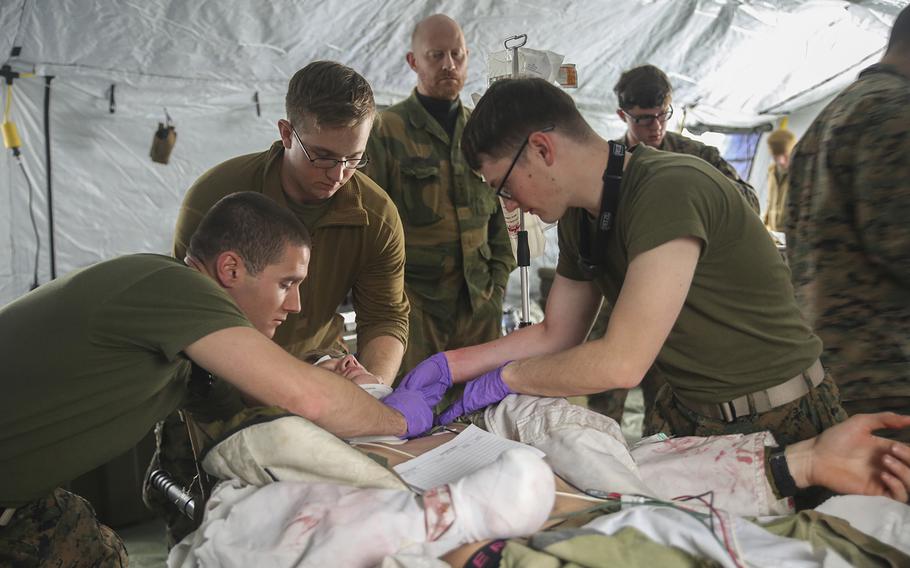 U.S. Marines and sailors with the 2nd Marine Expeditionary Brigade stabilize the neck of a simulated Norwegian soldier casualty during combat casualty care at Rena, Norway, Feb. 17, 2016. 