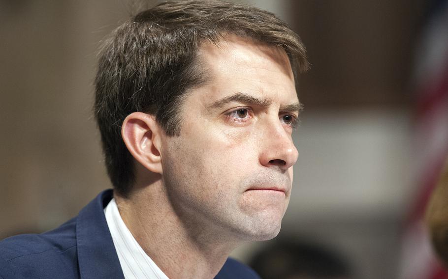 Sen. Tom Cotton, R-Ark., listens to testimony during a Senate Committee on Armed Services hearing on Capitol Hill in Washington, D.C. on Thursday, April 7, 2016.