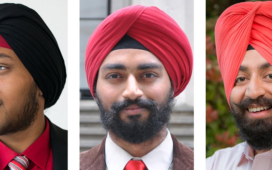 Pvt. Arjan Singh Ghotra, Spc. Kanwar Singh and Spc. Harpal Singh, left to right, will be allowed to wear the uncut beards and hair and turbans that their religion requires when they report to Army basic training next month.