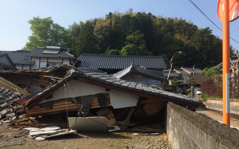Earthquake damaged houses near Kumamoto, Japan, on Tuesday, April 19, 2016. More than 40 people have died after two large earthquakes hit the region in 24 hours.

