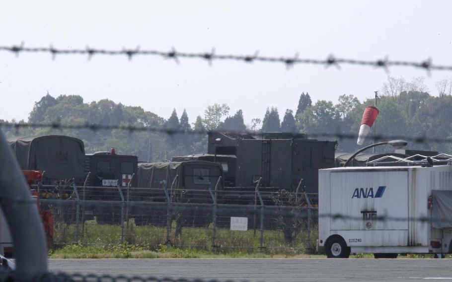 Japan Ground Self Defense Force vehicles near Kumamoto International on Tuesday, April 19, 2016.  Japanese and U.S. troops have been ferrying supplies to the region after two strong earthquakes hit Japan last week.



