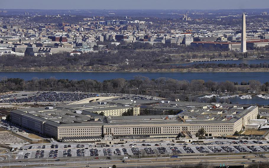 An aerial view shows the Pentagon with the Washington Monument and National Mall in the background on Feb. 13, 2012.