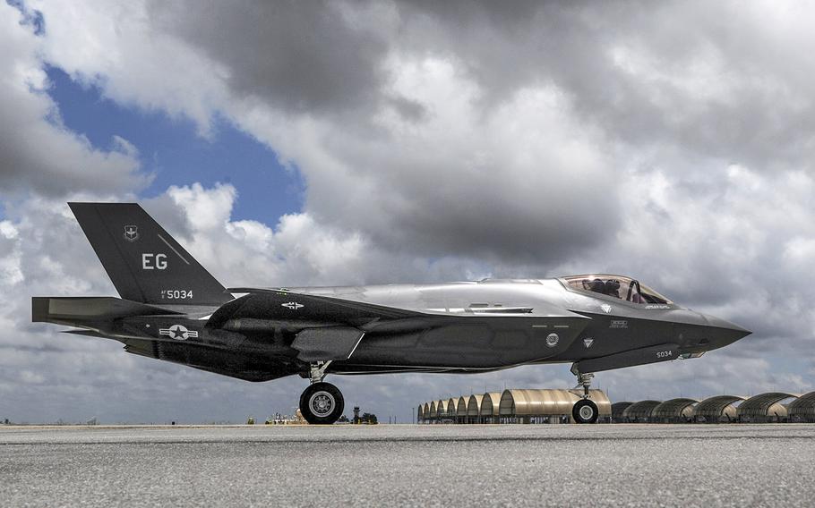 An F-35A Lightning II taxis across the flightline on Eglin Air Force Base, May 28, 2014.