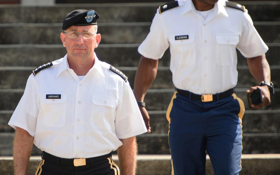 Gen. Robert Abrams leaves the courtroom facility after testifying at a preliminary motions hearing in the Sgt. Bowe Bergdahl court-martial on Wednesday, Aug. 24, 2016, on Fort Bragg, N.C.