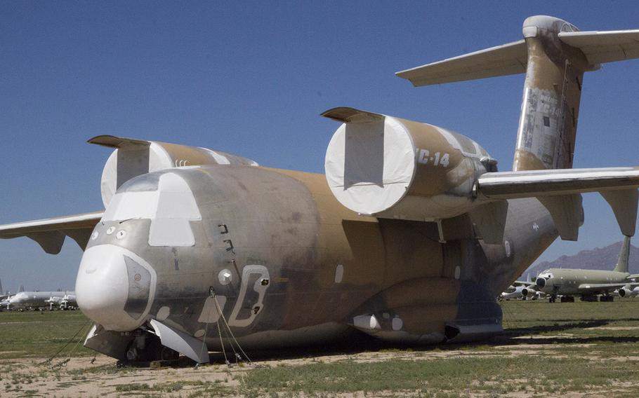 A Boeing YC-14 transport aircraft prototype at the 309th Aerospace Maintenance and Regeneration Group facility near Tucson, Ariz., in October, 2015. The YC-14, boasting a short takeoff and landing capability, was seen as a possible replacement for the C-130, but it never made it into production. The only other prototype made is now at the nearby Pima Air and Space Museum.