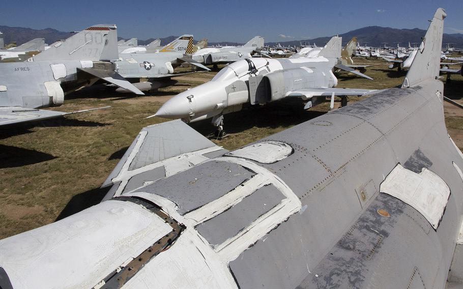 Phantom jets, bound for the scrapyard, at the 309th Aerospace Maintenance and Regeneration Group facility near Tucson, Ariz., in October, 2015.