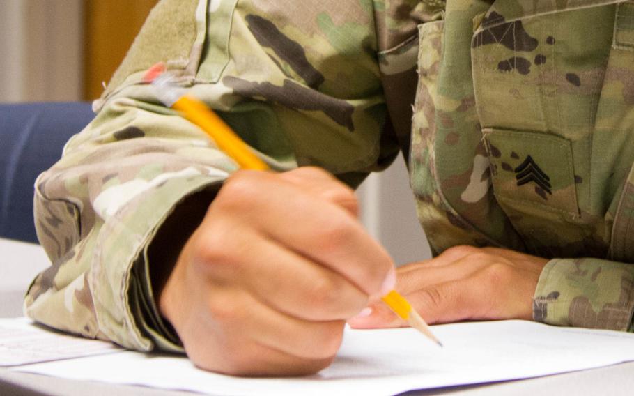 A soldier takes a written exam on June 20, 2016 at Fort Hood, Texas.